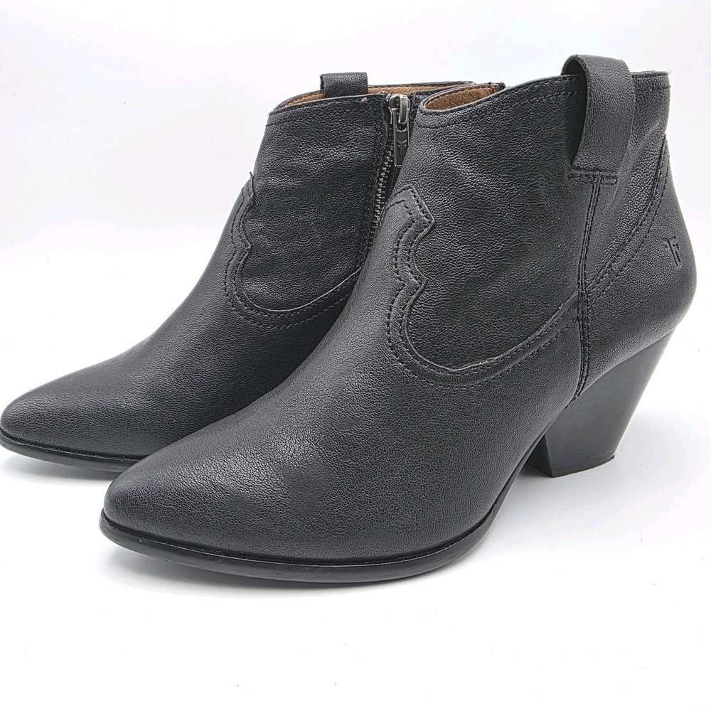 FRYE‎ REINA Ankle Booties 7.5  Black Side Zip Cowboy Boots Heel Leather Western